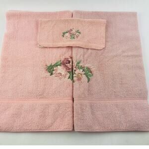 Vintage WAMSUTTA Towel Lot Set Pink Flower Floral Bath & Hand Set Somerset Rose